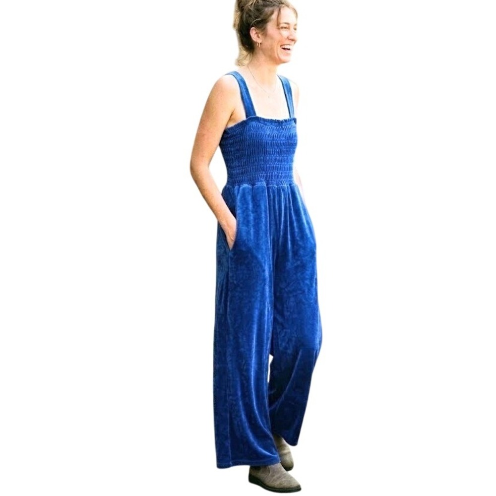 M Juicy Couture Heritage Smocked Velour Jumpsuit Regal Blue Pockets Coquette - Picture 1 of 8